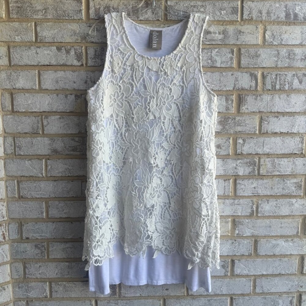 Dolan Sleeveless Cream/White Crochet Lace Layers Tank Dress Women's Size L